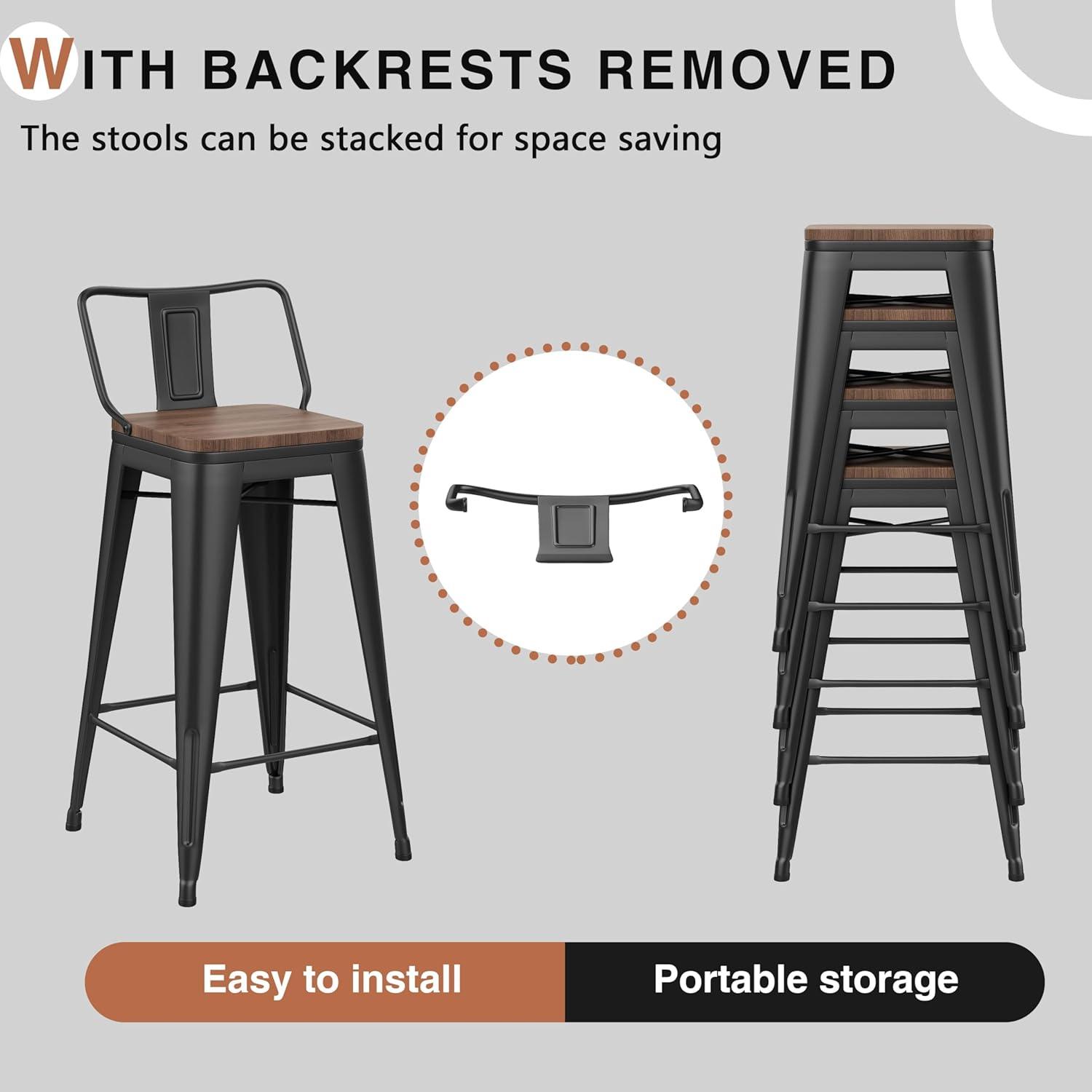 Killeryuki 24'' Metal Bar Stool 4PCS Low Back Conuter Stools for Indoor/Outdoor Barstools Metal Black Stools Bar Chairs w/Wooden Seat Metal Leg Industrial Counter Height Stools Black