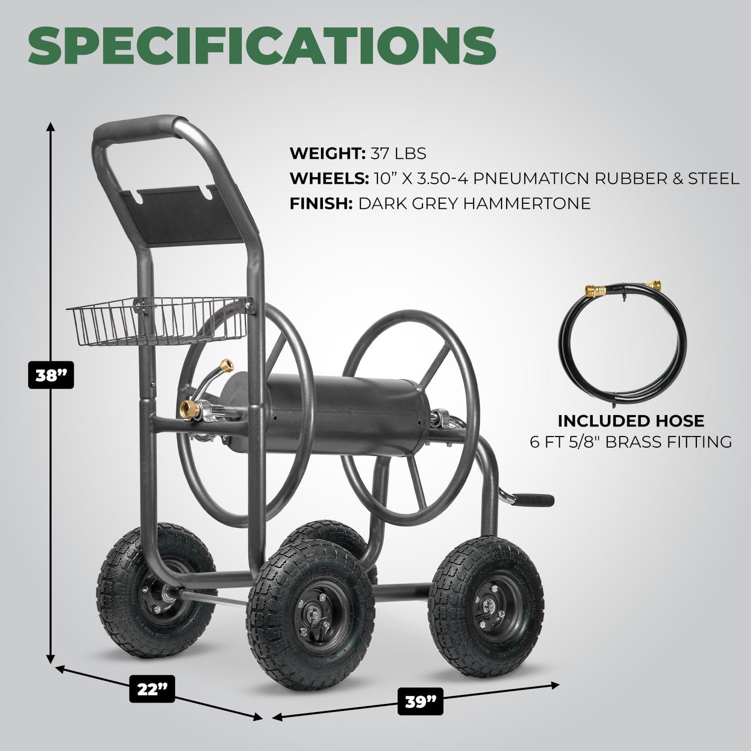 Heavy Duty Black Metal Garden Hose Reel Cart with Pneumatic Wheels