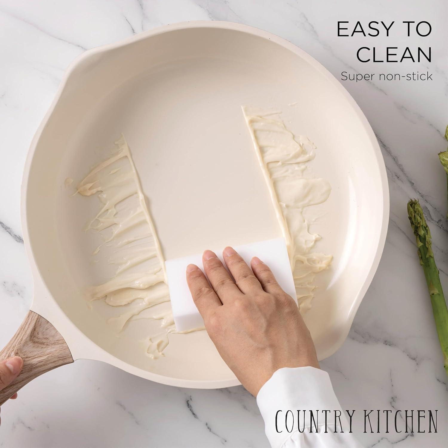 Cream Nonstick Aluminum Cookware Set with Wood Handles, 14 Pieces