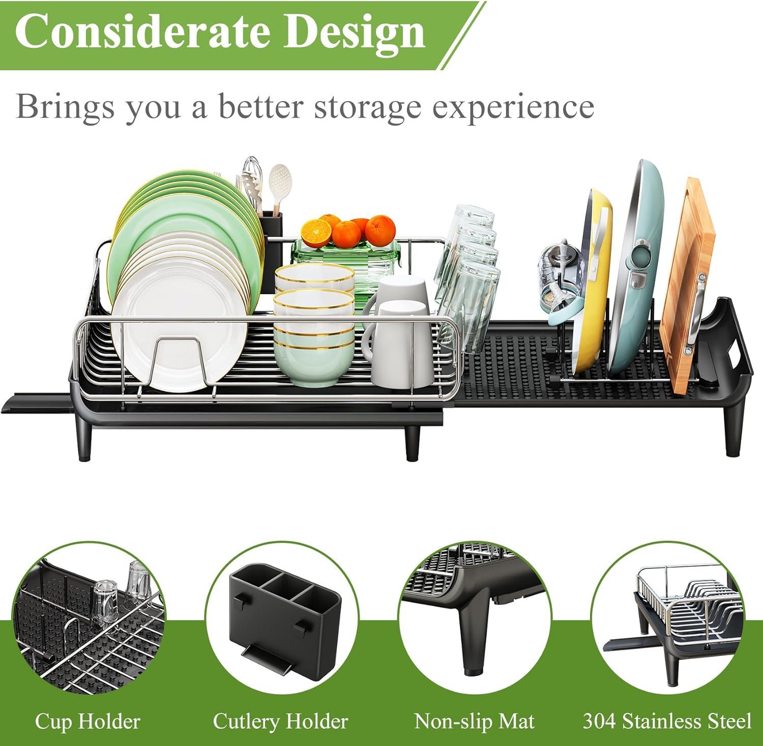 Large Black Metal Dish Drying Rack with Utensil Cup