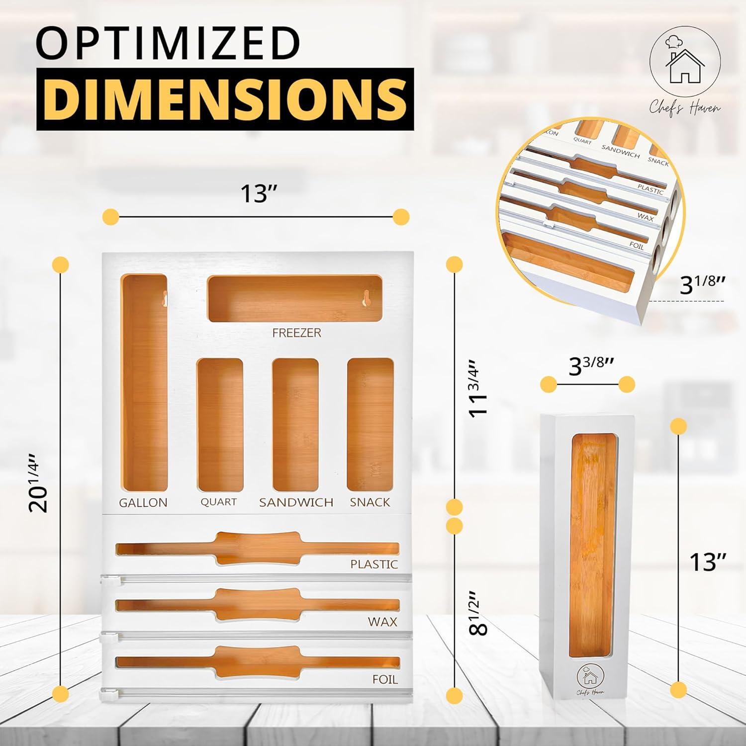 Chef's Haven 9 IN 1 Storage Bag Organizer, Foil and Plastic Wrap Organizer with Cutters, Bamboo Kitchen Baggie for Drawer, Pantry & Countertop, Storage for Gallon, Quart, Sandwich, Snack Bag