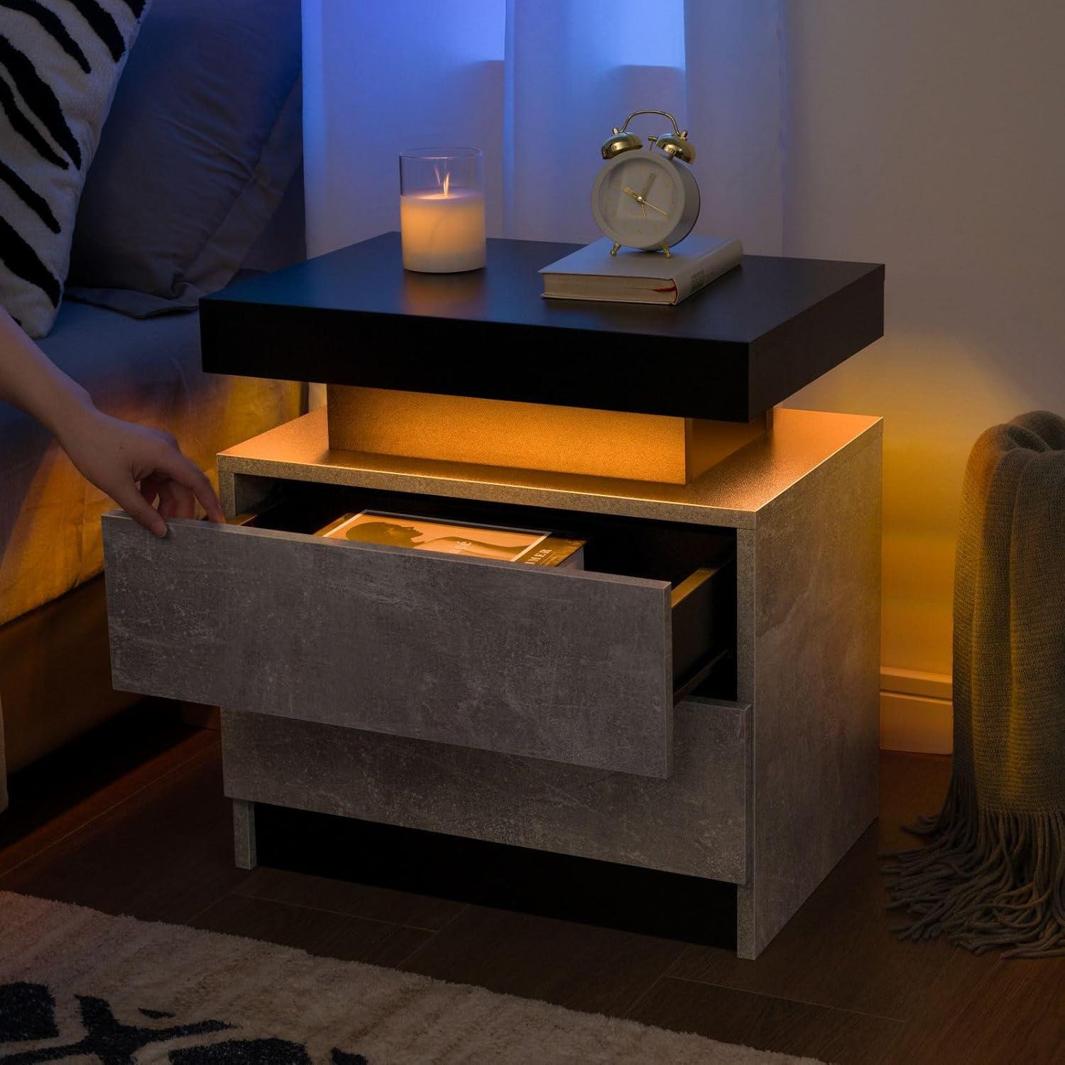 Gray Engineered Wood LED Nightstand with 2 Drawers