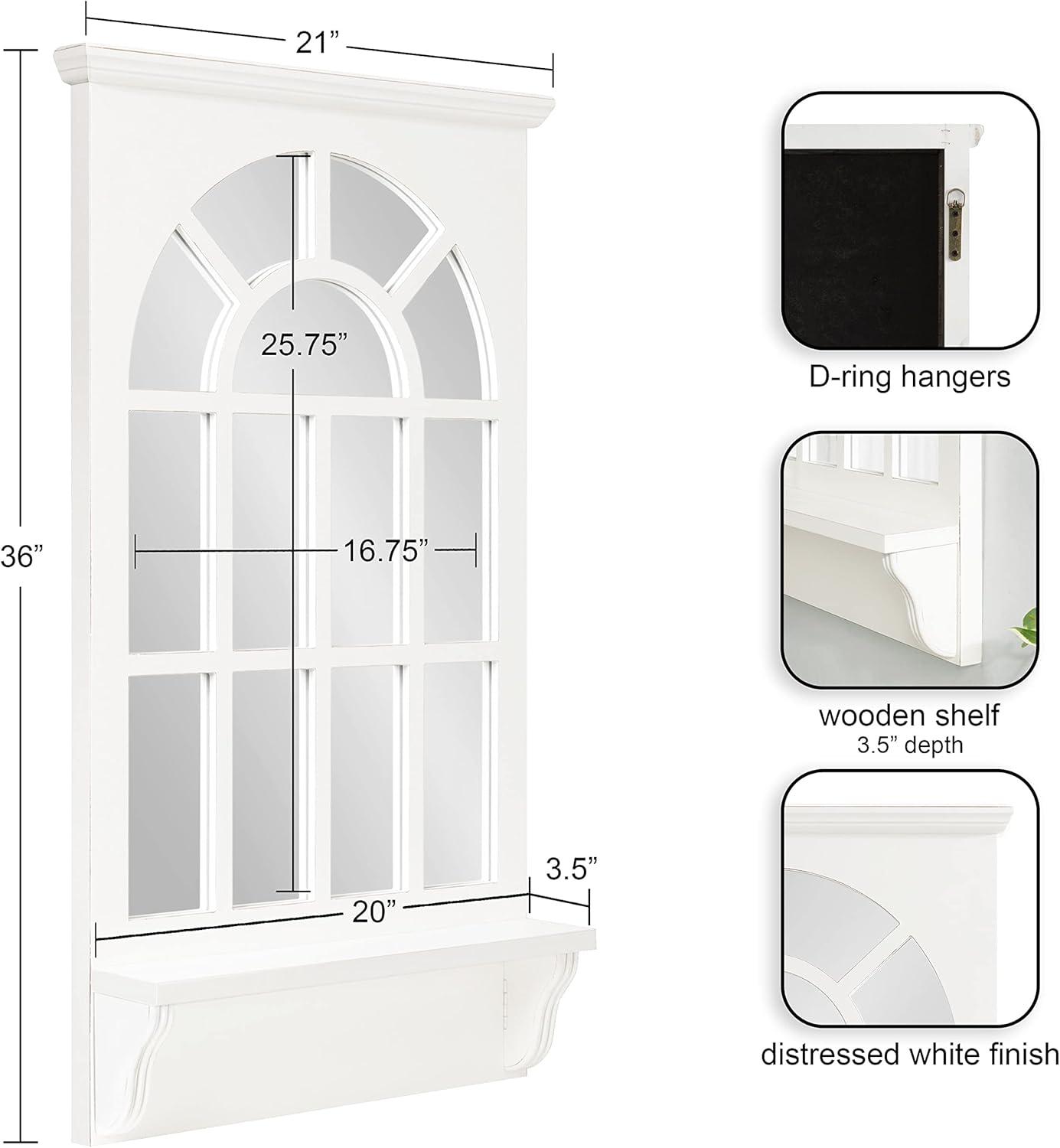 Coastal White Arched Wall Mirror with Vintage Shelf, 21x36