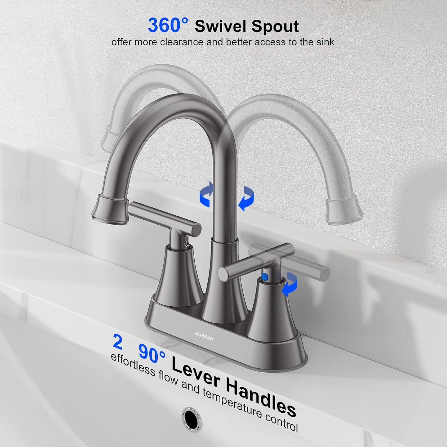 4 Inch Bathroom Faucets for Sink 3 Hole, Faucet for Bathroom Sink with Pop-up Drain & Supply Hoses, 2-Handle 360 Swivel Spout Stainless Steel Lead-Free, Centerset Faucet for Vanity Lavatory