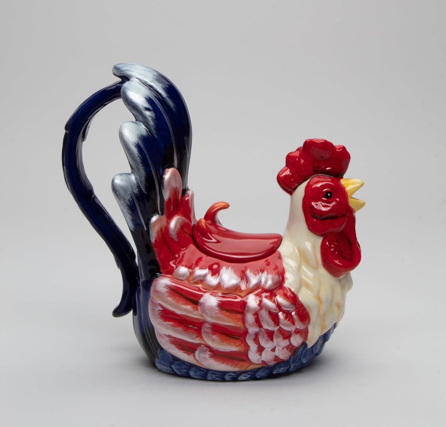 Ceramic Blue Red Rooster Teapot 14oz 7.75x4x7.5 Fall Gift