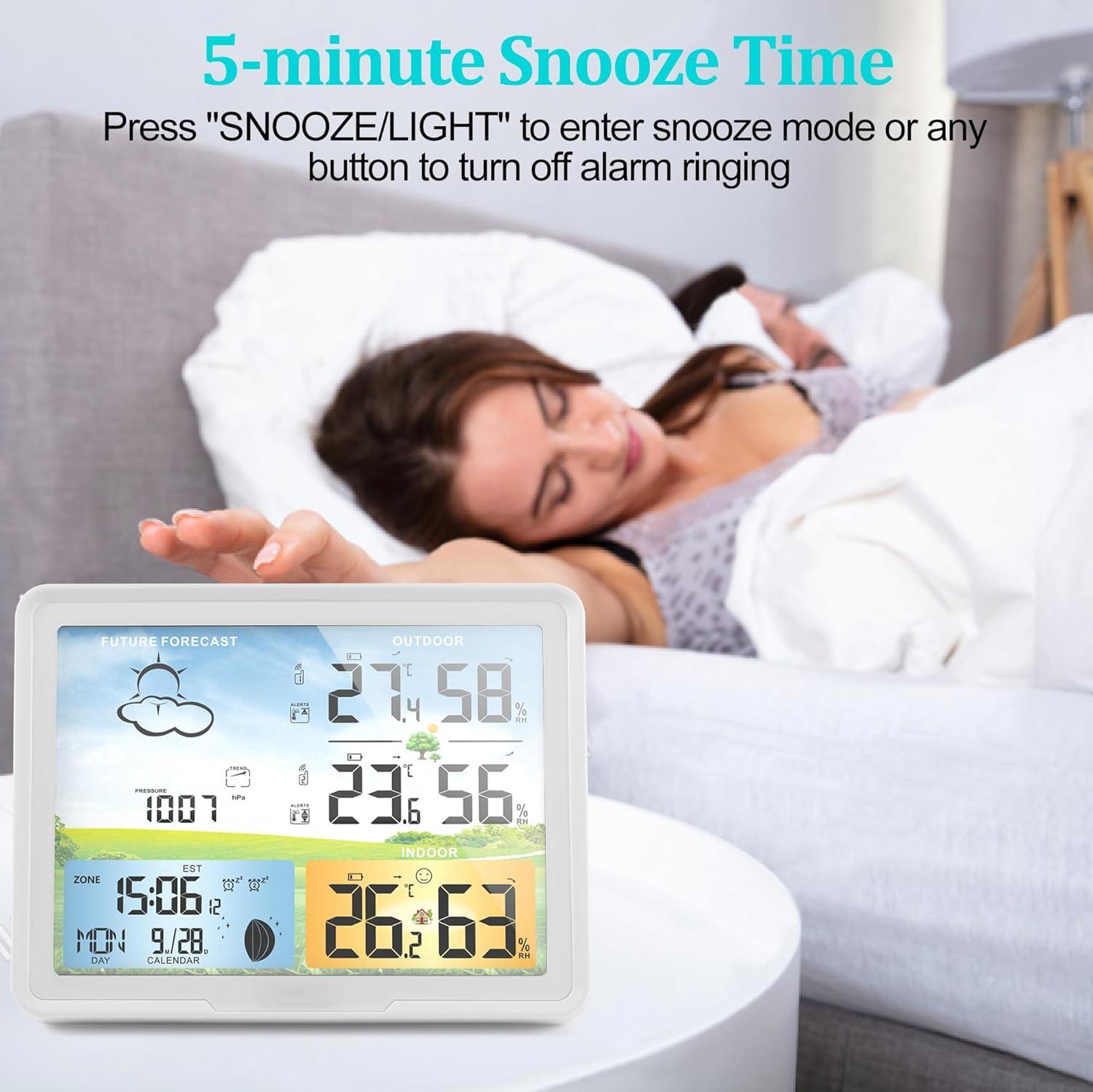 Wireless Indoor Outdoor Thermometer: Home Weather Station, Portable Digital Weather Clock Atomic with Bluetooth Color Forecast, Multiple Sensors Weather Monitor and Alarm (1 Remote)