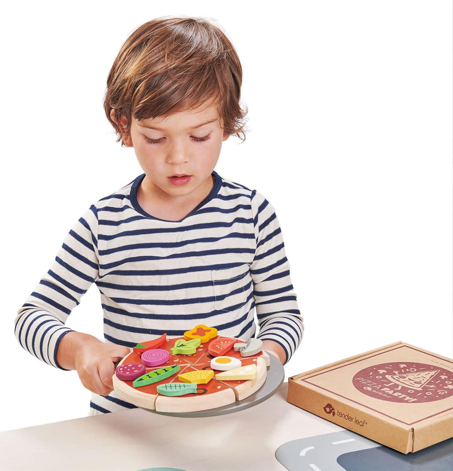 Tender Leaf Toys - Pizza Party - 6 Slices of Realistic Pizza Toy Set with 12 Different Toppings, Kraft Card Take-Out Box Included - Pretend Play Food for Kids - 3+
