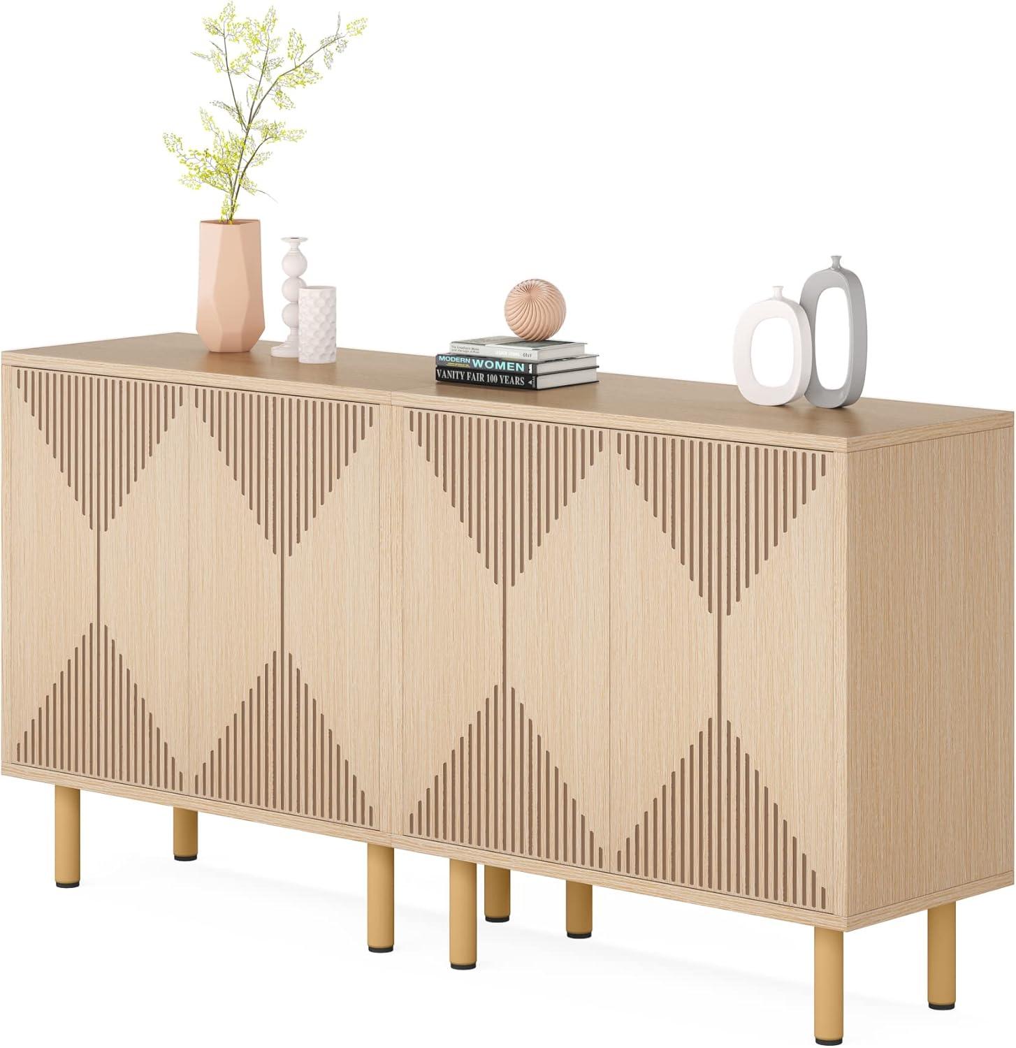 Modern White and Gold 59" Wood Storage Cabinet with Carved Doors