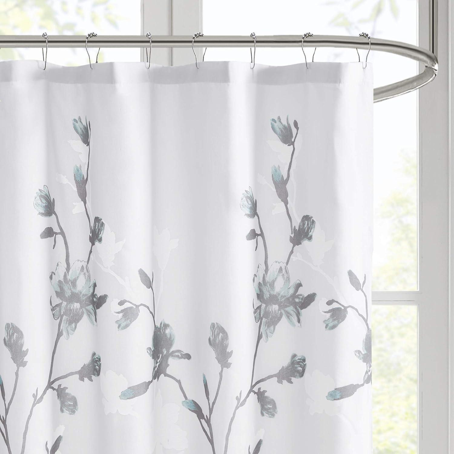 Magnolia Floral White and Blue Fabric Shower Curtain