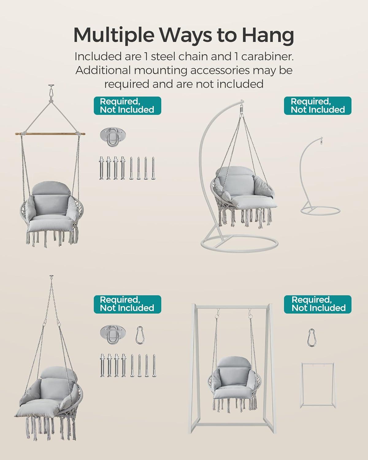 SONGMICS Hanging Chair, Hammock Chair with Large, Thick Cushion, Boho Swing Chair for Bedroom, Patio, Balcony, Garden, Holds up to 264 lb, Accessories Included, Dove Gray UGDC042G11