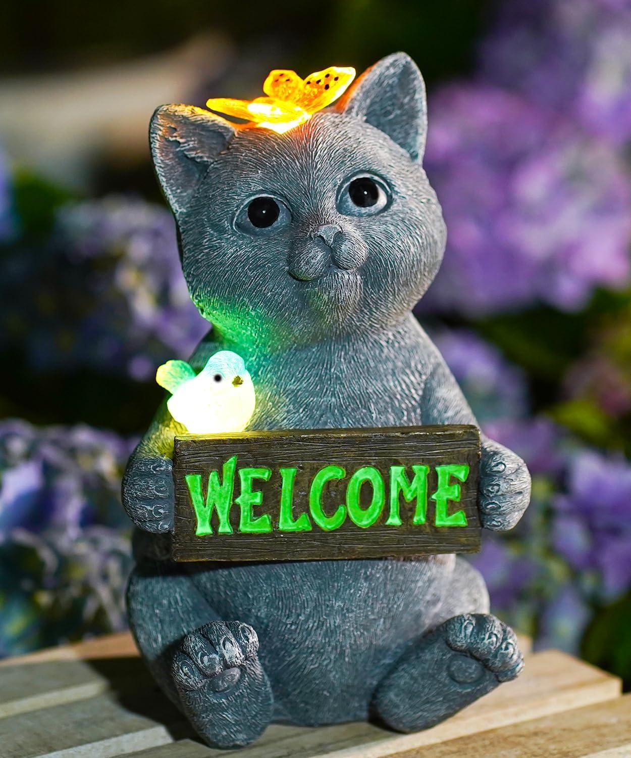 Trinx Solar Cat Figurine Garden Statues : Outside Welcome Cat Statue With Butterfly For Garden Decor And Yard Decorations - Unique Gifts