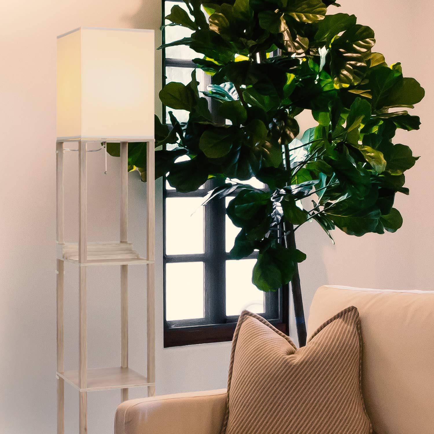 Brightech Maxwell 63 in. 3-Shelf USB-Charging LED Floor Lamp with Fabric Square Shade