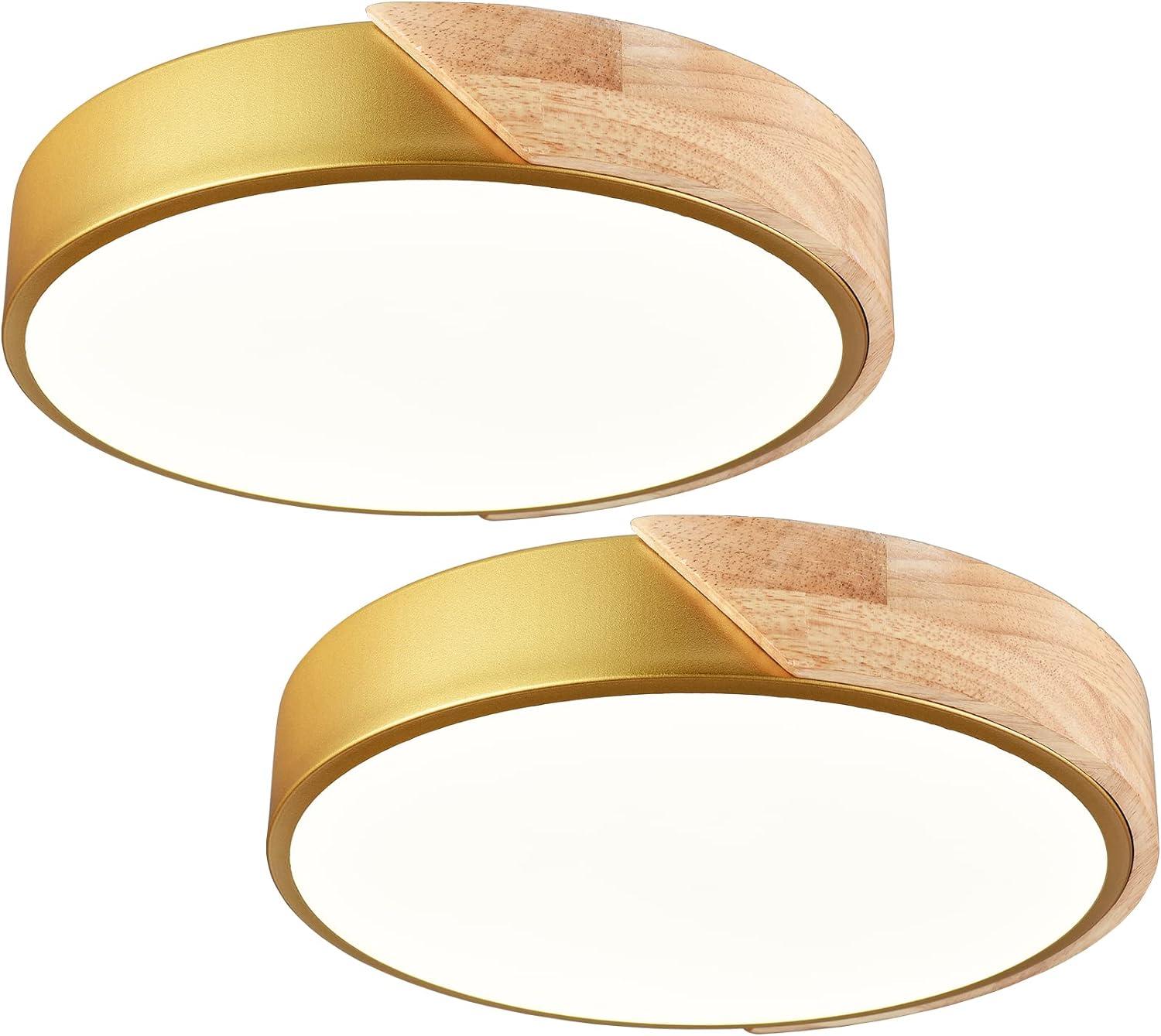 Claxy 12" Gold and Wood LED Flush Mount Ceiling Light 2 Pack