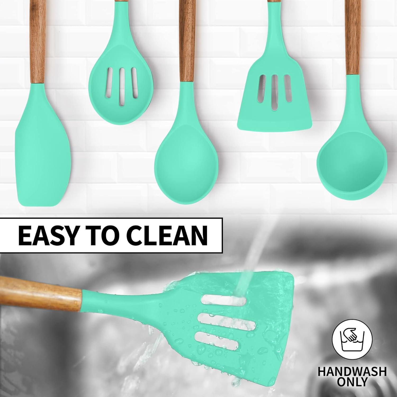 Mint Silicone and Acacia Wood 5-Piece Cooking Utensil Set