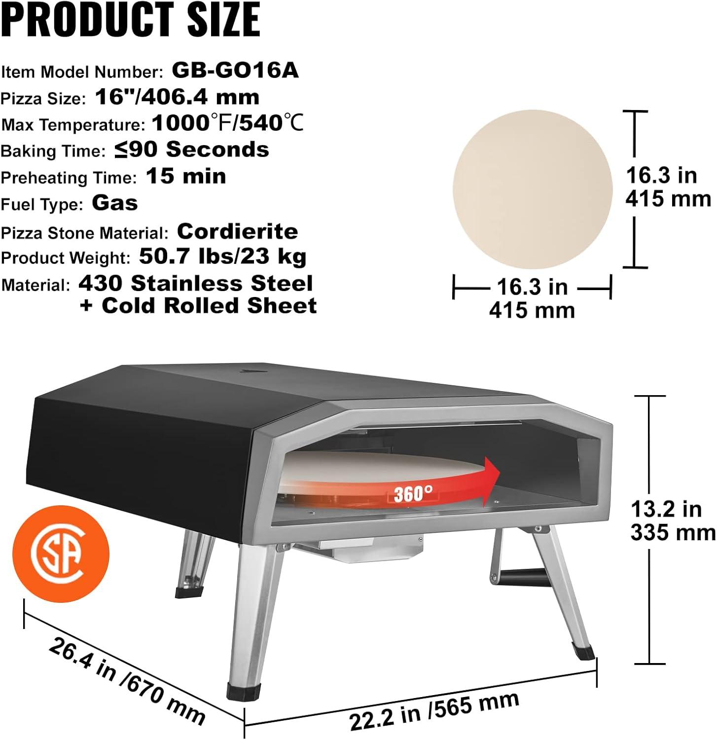 Black Stainless Steel Gas Outdoor Pizza Oven with Rotatable Stone