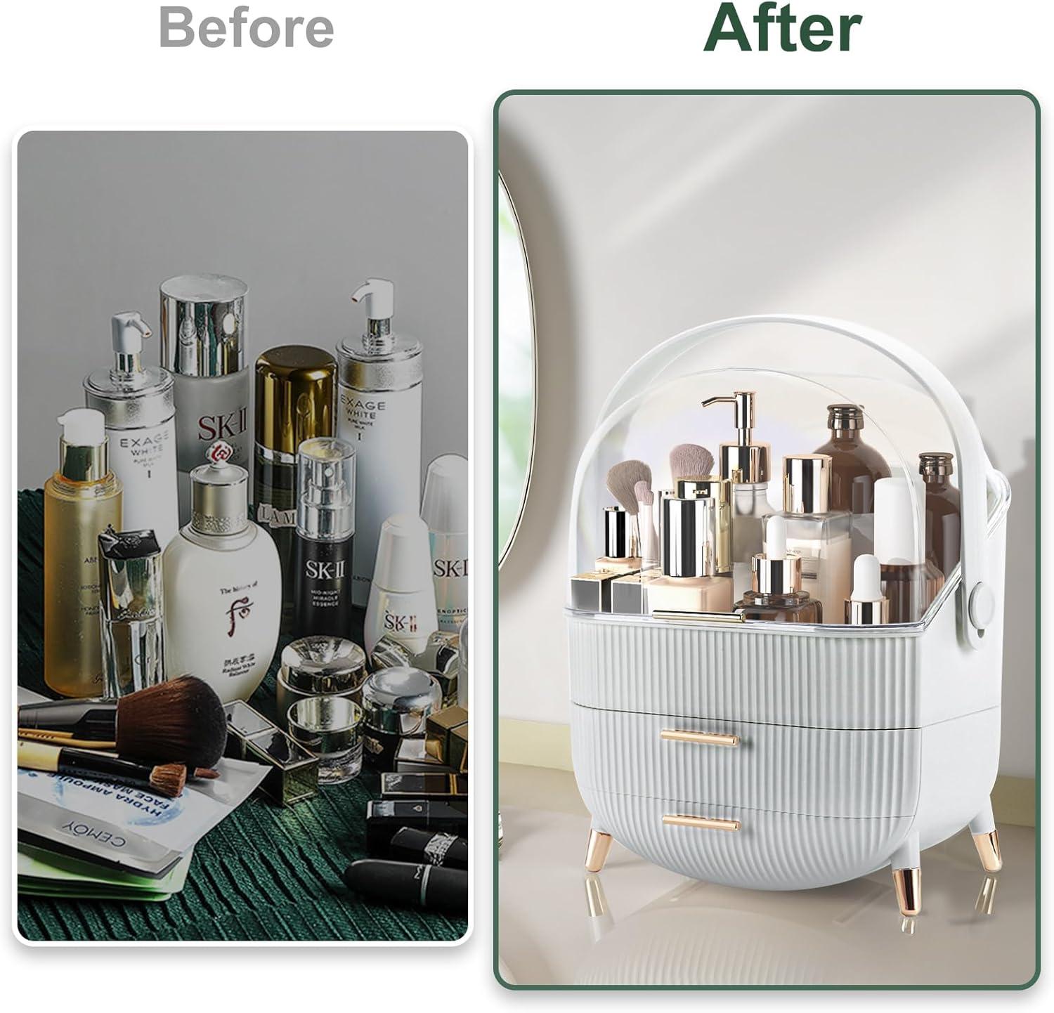 White ABS Makeup Organizer with Lid and Drawers