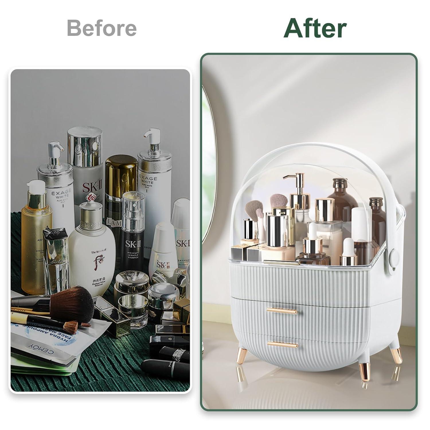 White ABS Makeup Organizer with Lid and Drawers