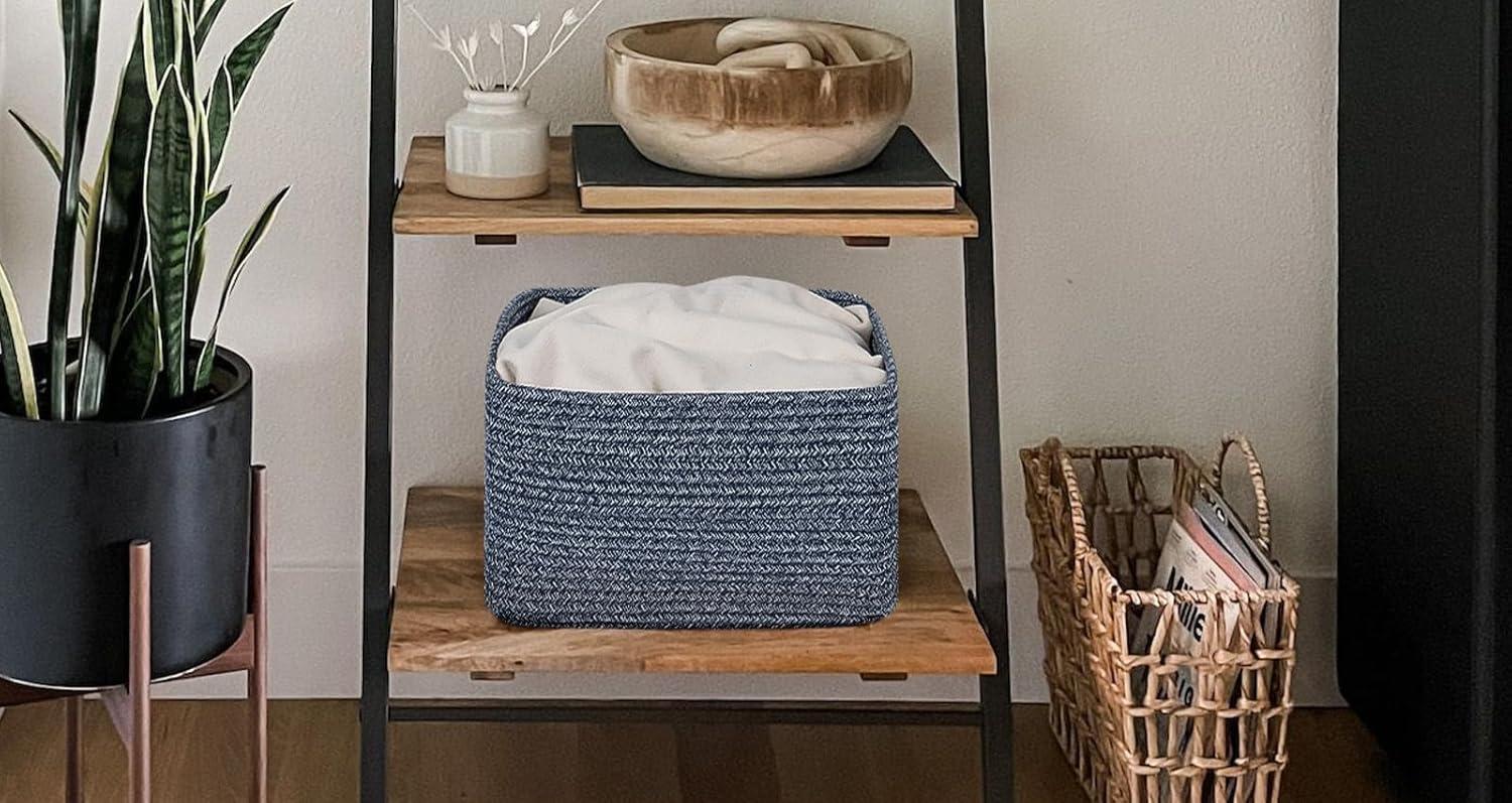 Design 3-Pack Storage Baskets for Shelves, Decorative Baskets for Organizing, Woven Baskets for Storage, Book Basket Cube Storage Bin Box, Pantry Closet and Shoe Organizers, Navy Blue