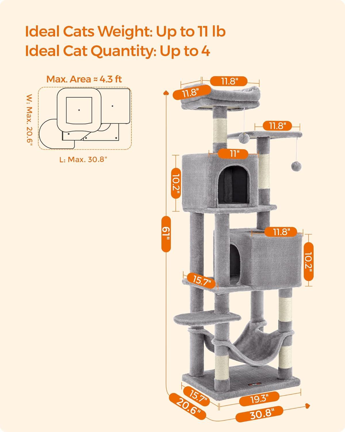 Light Gray Plush Multi-Level Cat Tree with Hammock and Caves