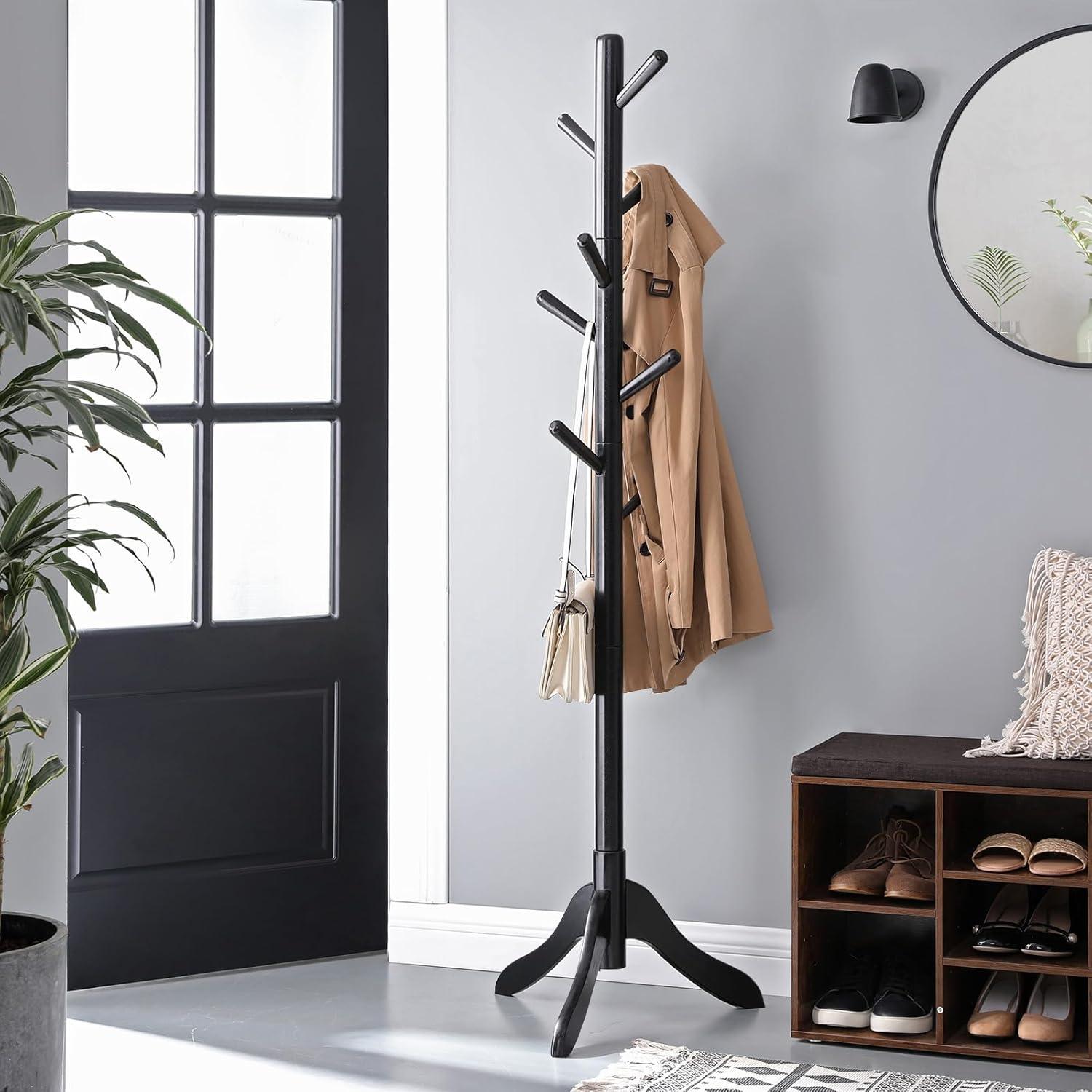 Coat Rack Free Standing, Coat Stand, Hall Coat Tree with 8 Hooks, Black