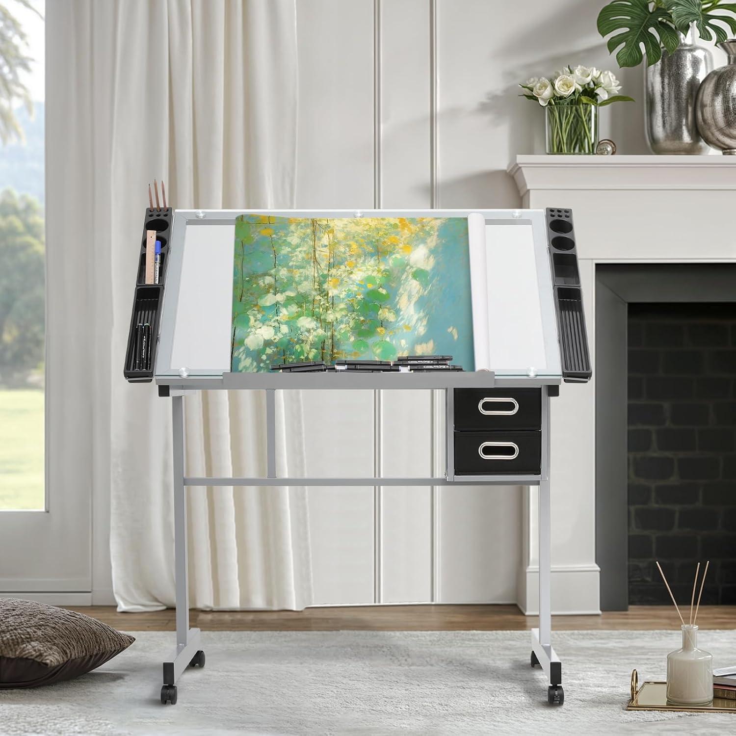 LIQI Drafting Table on Wheels with Storage & Side Tray - Adjustable 0-65° Glass Tabletop, Replaceable Feet Art Desk