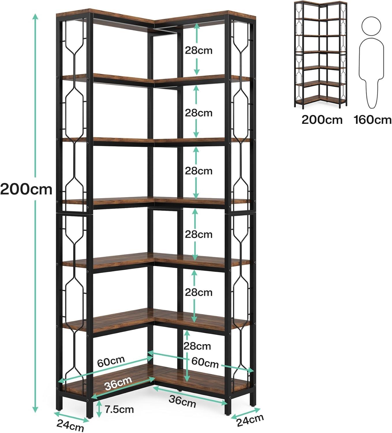 Rustic Brown 7-Tier Wood and Metal Corner Bookshelf