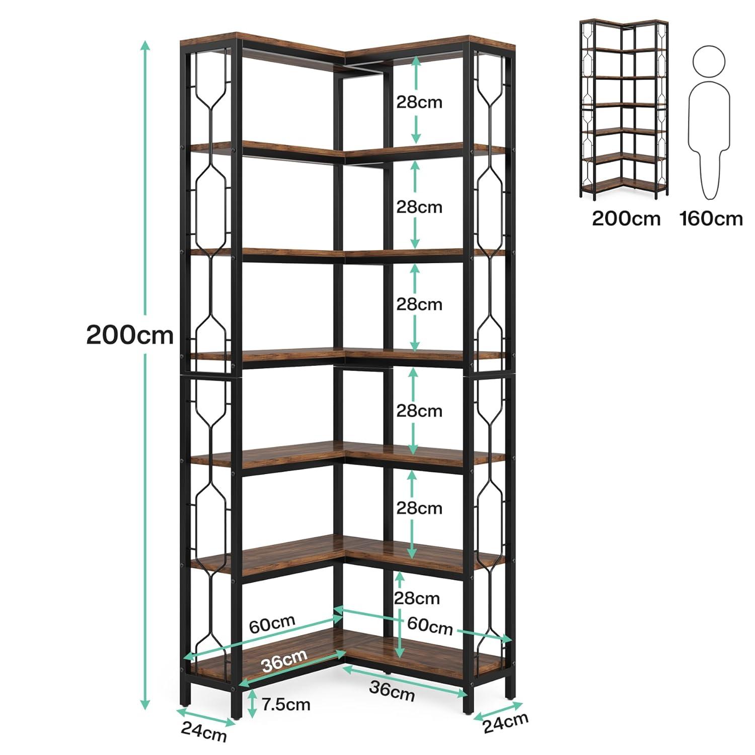 Tribesigns Corner Shelf, 7-Tier Industrial Corner Bookshelf, Wood and Metal Etagere Bookcase, Freestanding Display Shelf for Living Room, Kitchen, Home Office, Rustic Brown