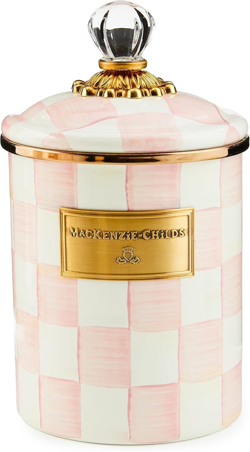 Medium Pink and White Checkered Enamel Canister with Glass Knob