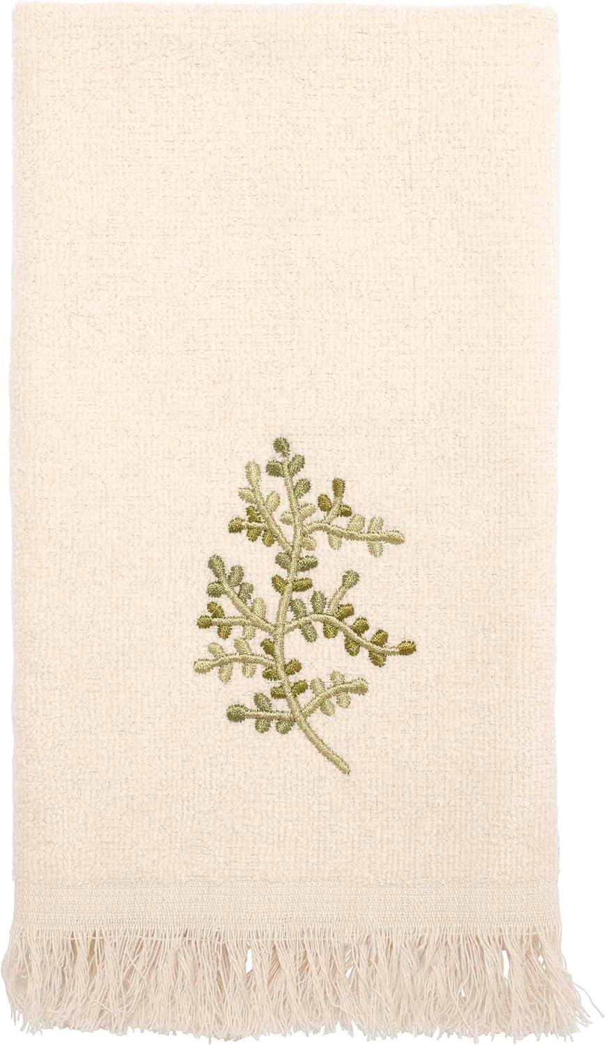 Ivory Cotton Hand Towel with Green Botanical Embroidery