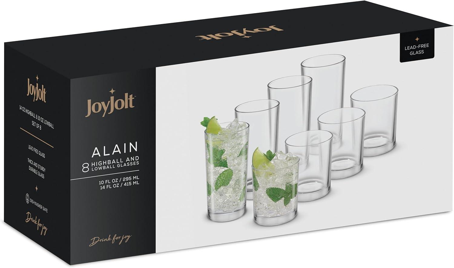 JoyJolt Alain Drinking Glasses Set of 8 Glass Tumblers. Highball 14oz Bar Glasses and Lowball 10oz Rocks Glasses Set