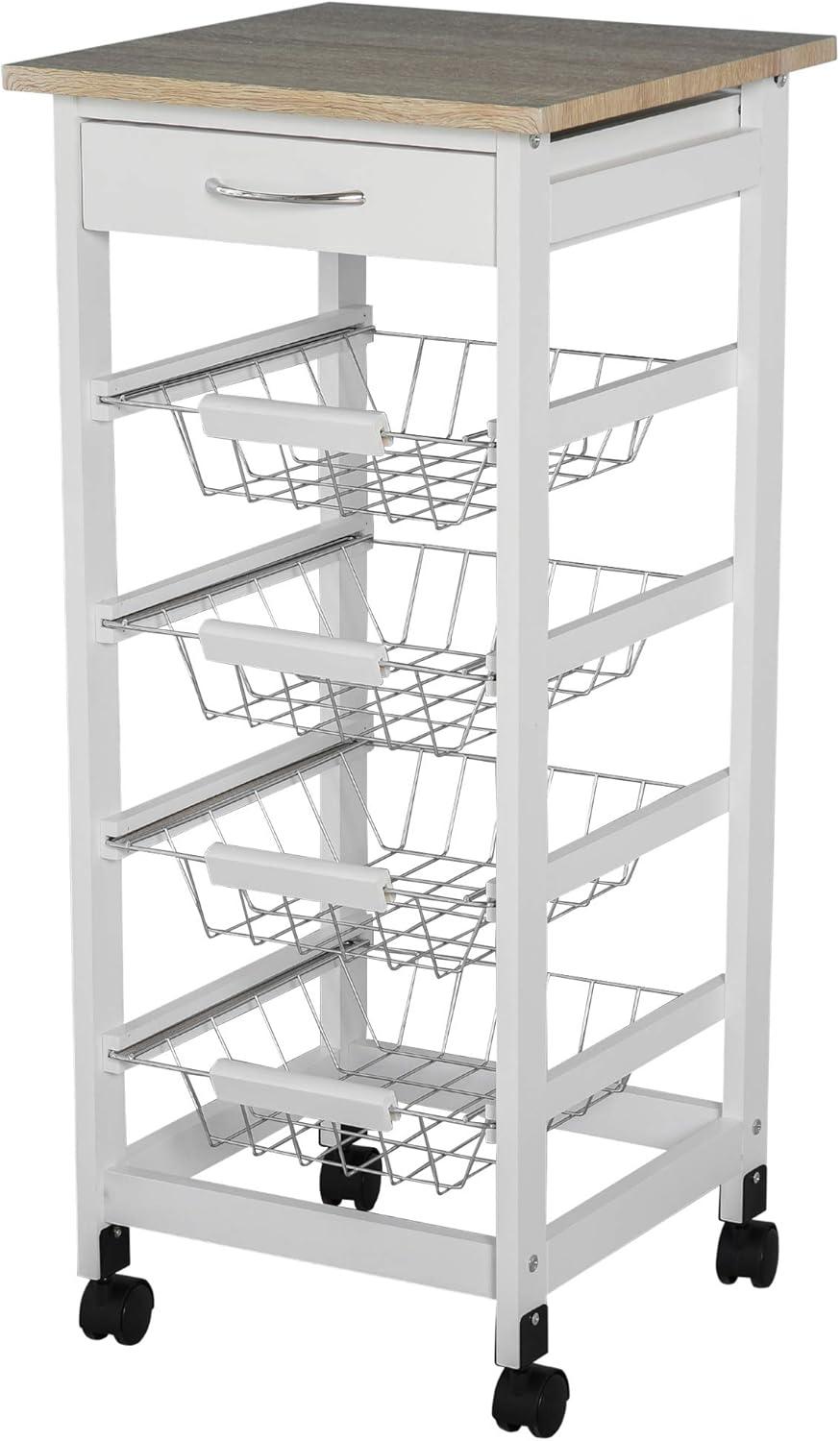 HOMCOM 32.25" Wooden Rolling Kitchen Storage Cart, Trolley Cart on 360° Swivel Wheels with Storage Drawer, Gray