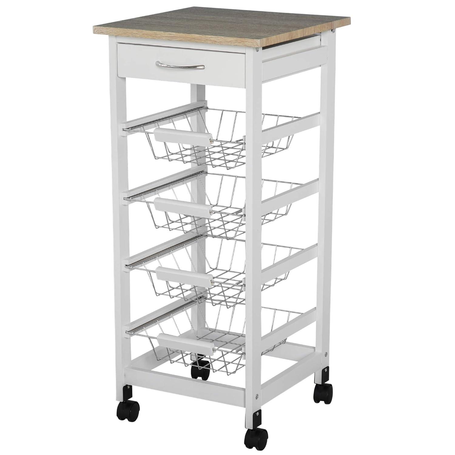 HOMCOM 32.25" Wooden Rolling Kitchen Storage Cart on 360° Swivel Wheels with Ample Storage Space & Solid Structure White