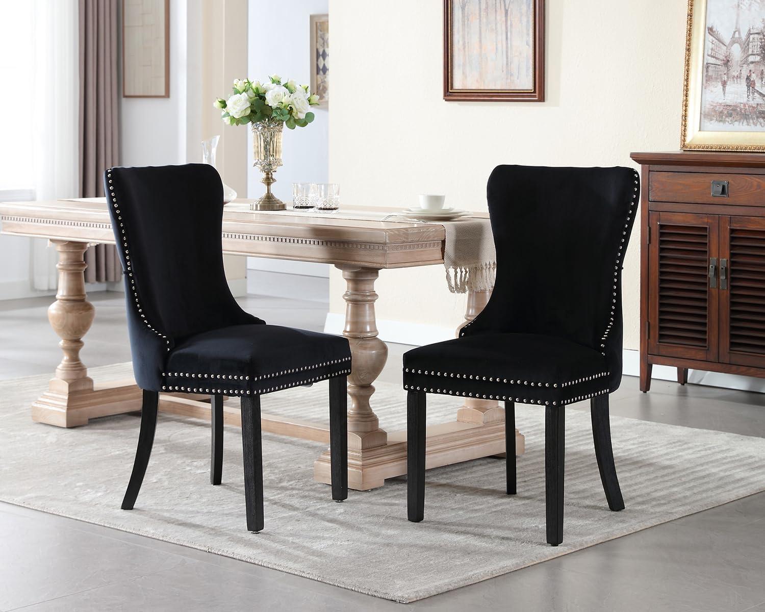 Black Velvet Upholstered Dining Chairs with Wood Legs