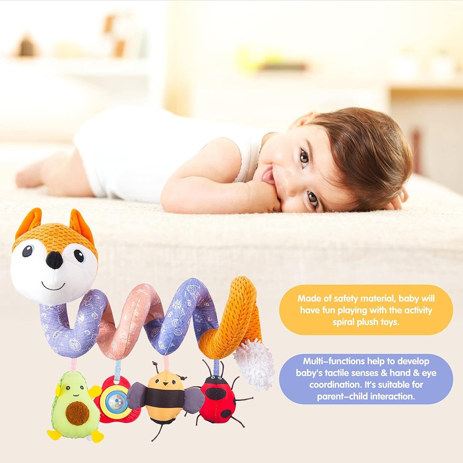 HILENBO Car Seat Toys, Infant Baby Orange Fox Spiral Plush Activity Hanging Toys for Car Seat Stroller Bar Crib Bassinet Mobile with Music Box BB Squeaker and Rattles?Orange?