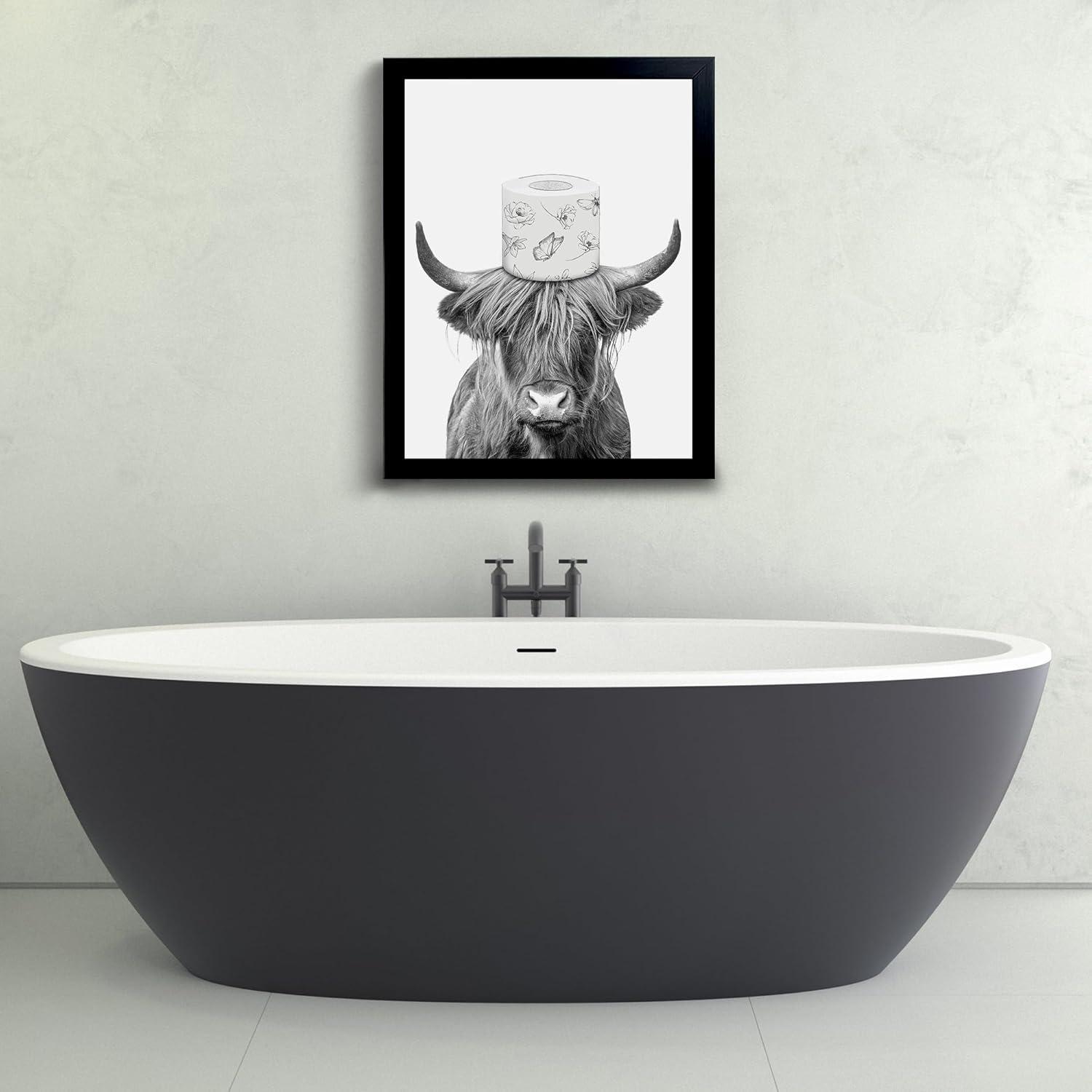 Black Framed Bathroom Decor - Funny Highland Cow Wall Art in Bathtub, Black and White Canvas Cow In Bathroom Picture, Humor Animals Artwork Prints, Rustic Farmhouse Style Wall Decor Ready To Hang for Living Room, Bathroom, Bedroom, Kids Bathroom