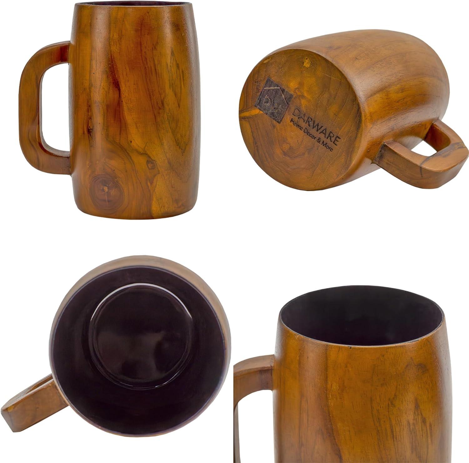 Darware Teak Wood Coffee Mugs, 2pc Set; Wooden Stein Retro 16 Fluid Ounce Cups