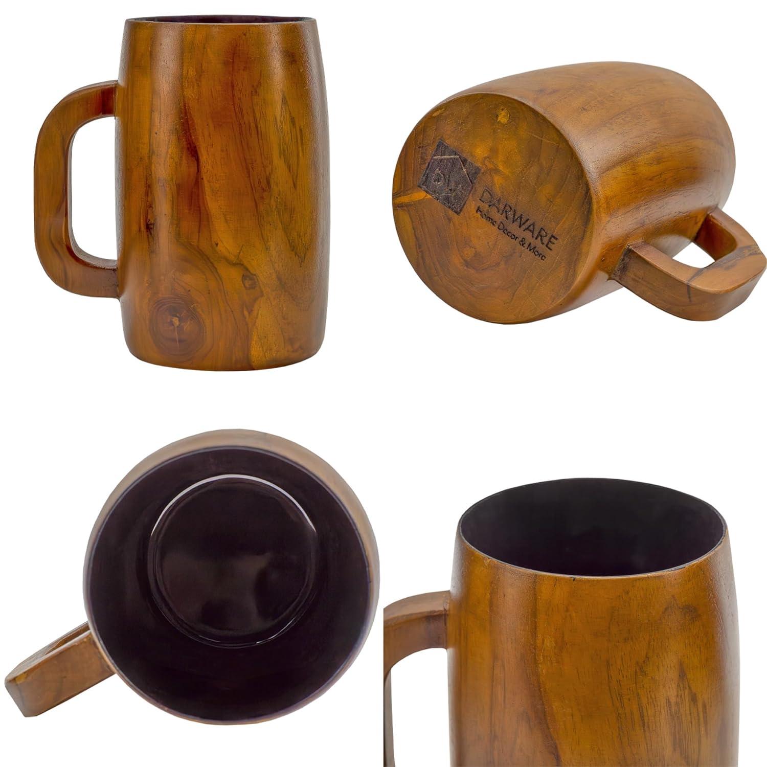 Darware Teak Wood Coffee Mugs, 2pc Set; Wooden Stein Retro 16 Fluid Ounce Cups