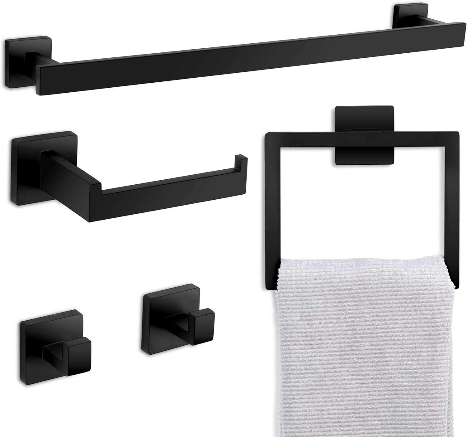 5 Pieces Square Matte Black Stainless Steel Bathroom Accessories Set Include 23.6 in Towel Bar, Toilet Paper Holder, Towel Ring, 2 Robe Towel Hooks