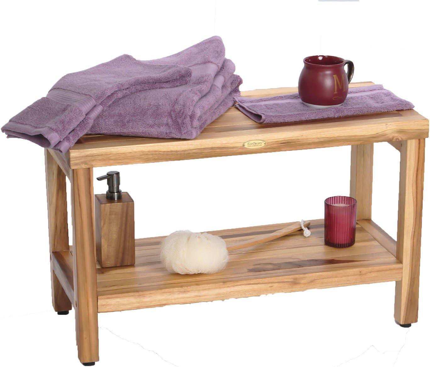 30" Eleganto ED1000 Wide Teak Shower Bench with Shelf - EcoDecors: Bathroom Stool, Rectangular, Water Resistant