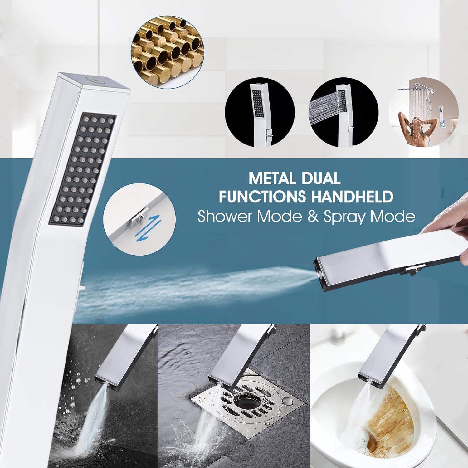 PDPBath All Metal 12'' Rainfall Shower Head with Handheld Combo, Upgrade 3-Way Diverter with Pause Setting, High Pressure Rain Shower Head with Z-shaped Extension Arm, 59" Hose, Brushed Nickel