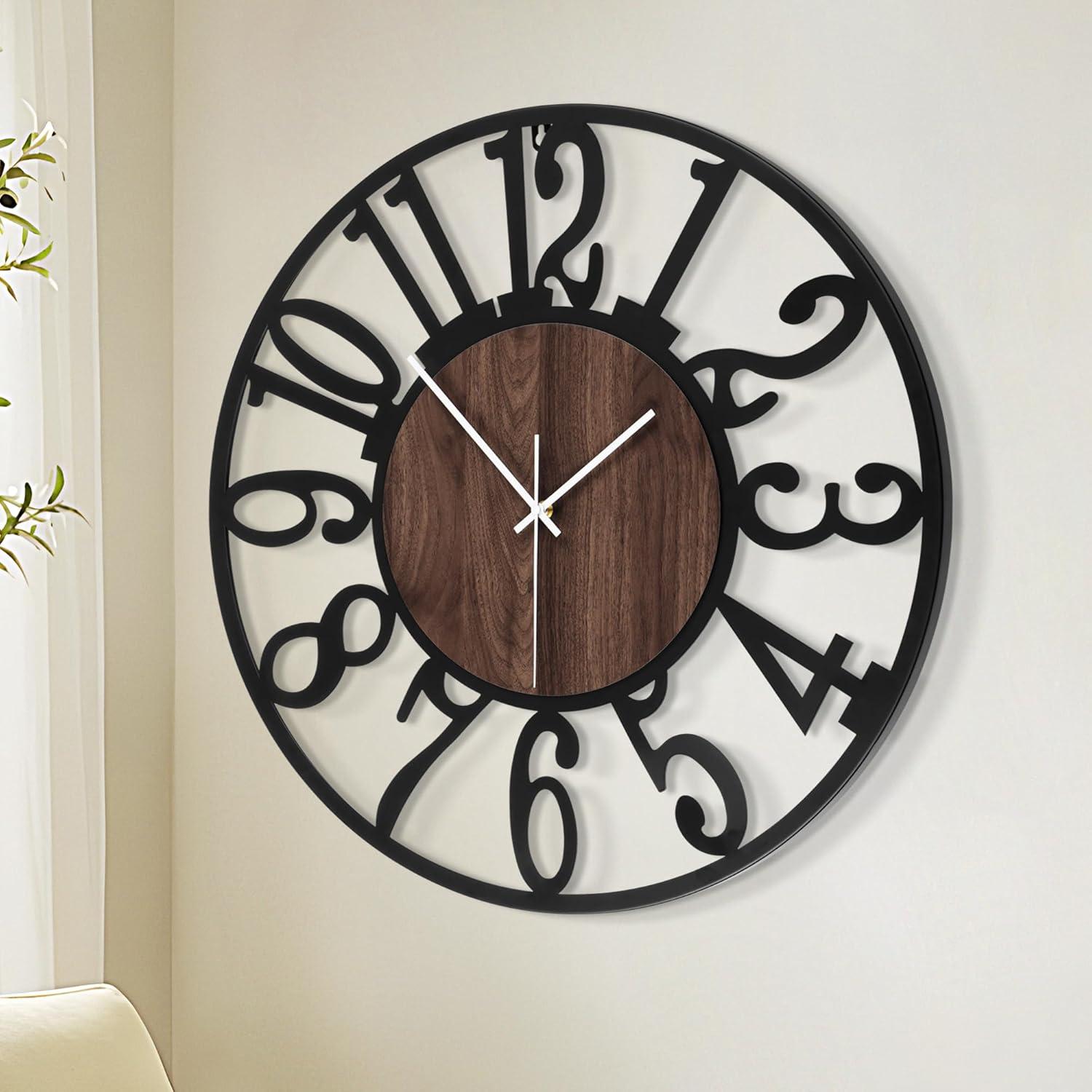 Oversized Black and Wood Silent Vintage Modern Wall Clock