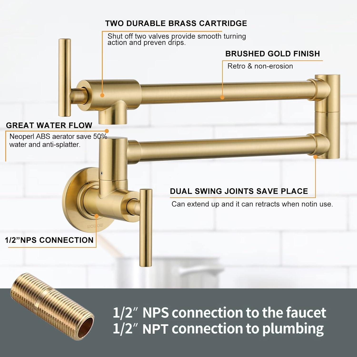 Brushed Gold Wall-Mount Dual Handle Pot Filler Faucet