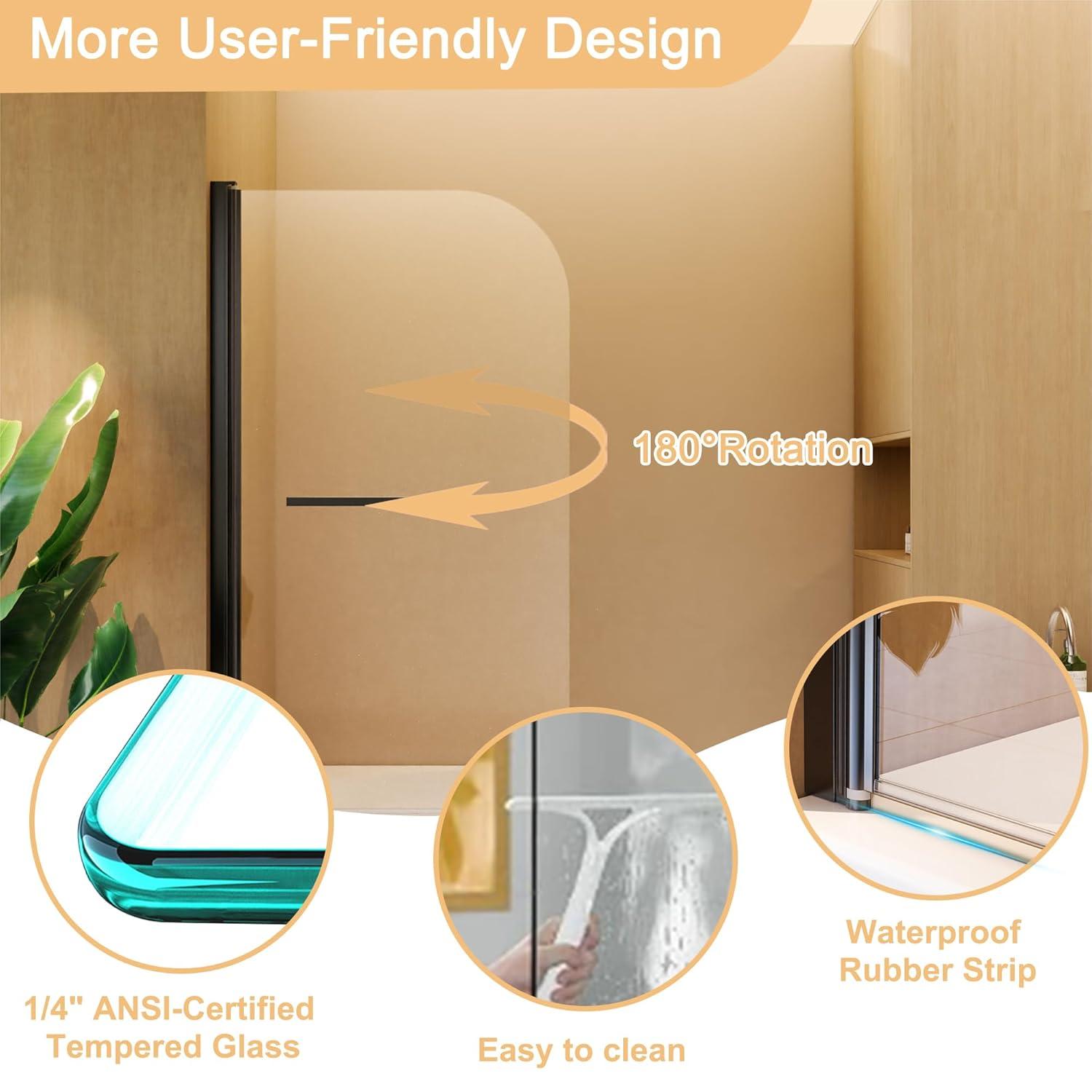 31"W x 55"H Frameless Folding Pivot Shower Tub Door Reversible Installation