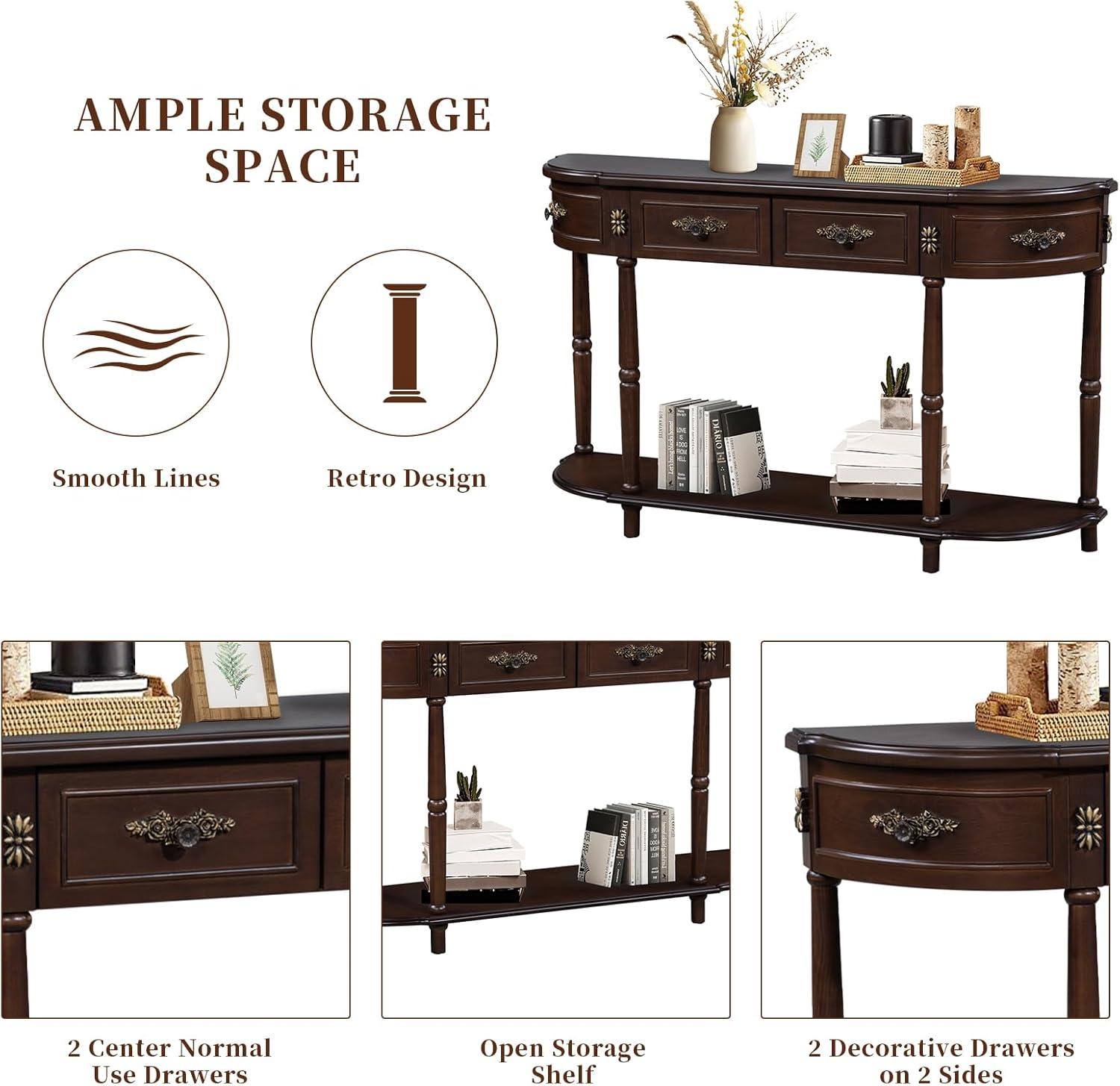 52" Espresso Wood Demilune Console Table with Storage