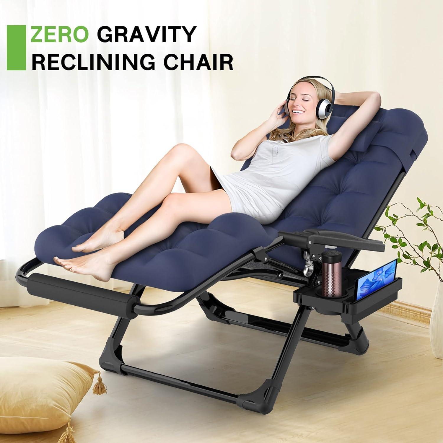 SEEUTEK Blue Outdoor Patio Zero Gravity Chair 26In Reclining Camping  Lounge Chair with Removable Cushion