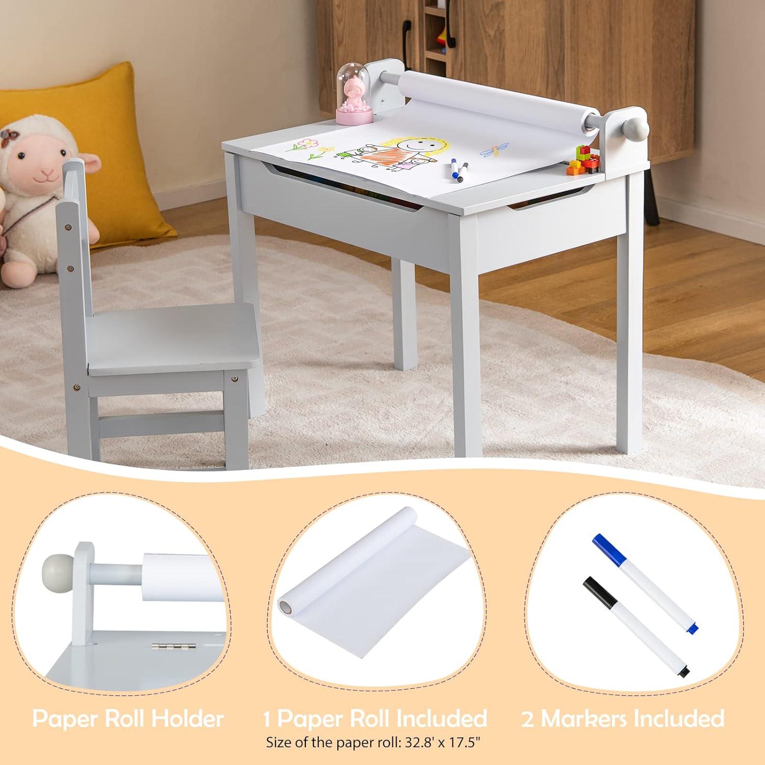 Gray Wooden Kids Activity Table and Chair Set with Storage