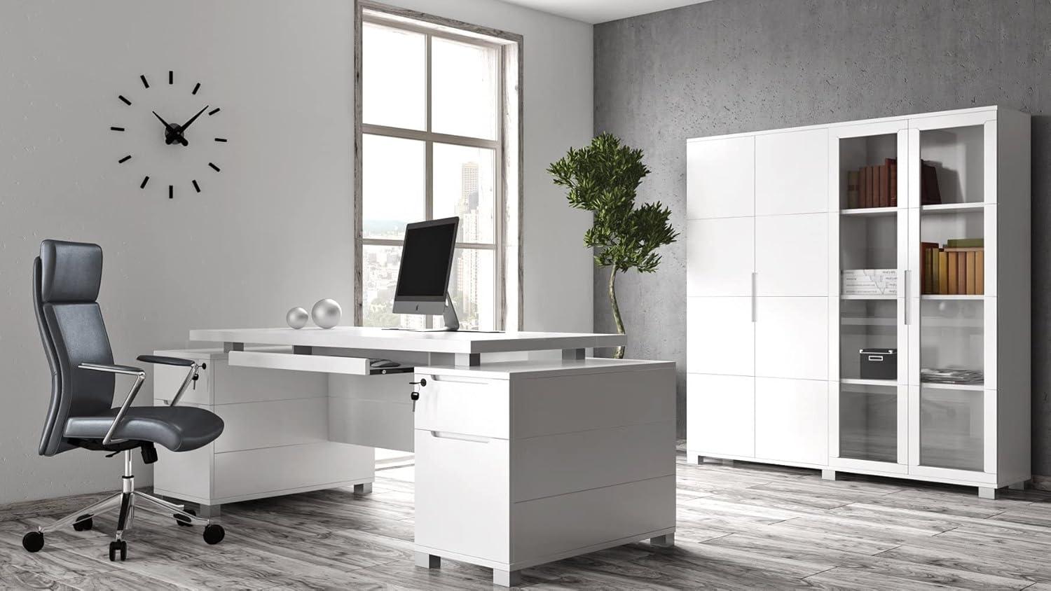 White Wood Executive Desk with Drawers and Keyboard Tray