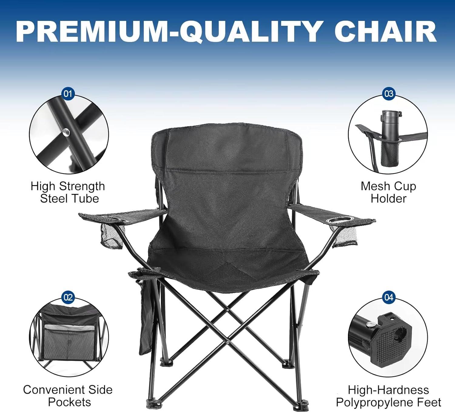 Black Foldable Camping Chair with Armrests and Cup Holders