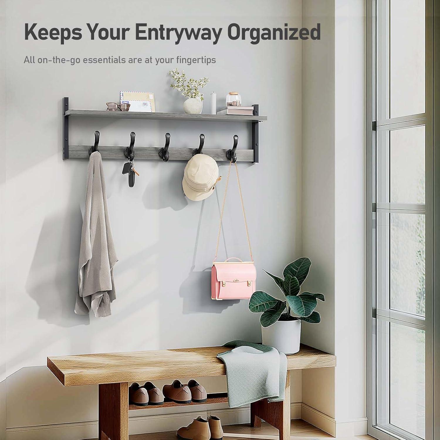 Tatub 29" Rustic Coat Rack Wall Mount with Shelf, Entryway Wall Hooks with Shelf and 5 Metal Hooks, Coat Hangers for Bathroom, Living Room, Bedroom, Kitchen, Grey