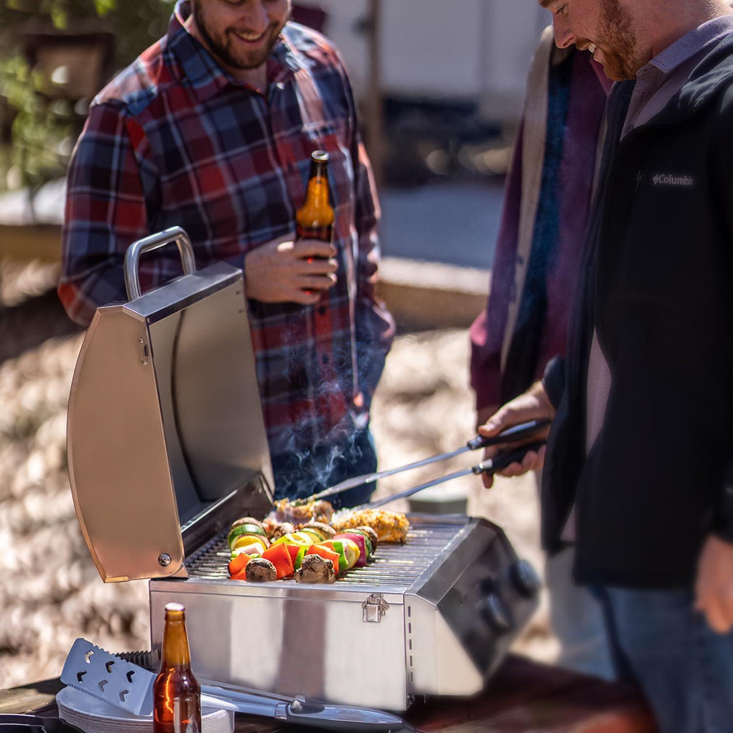 Monument Grills 13742,2-Burner Portable Stainless Steel Tabletop Propane Gas Grill with High Lid and Travel Locks, 15,000 BTU – Perfect for Family BBQs